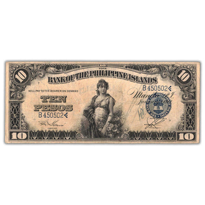 Front of an ungraded Philippines 1912 10 Pesos banknote (Silver Certificate, Pick #8b, Grade F/VF with writing, Serial/SKU: B450502), featuring a portrait vignette of George Washington, official Treasury seal, United States Administration text, and serial number B450502.