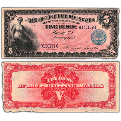 Composite view showing the front and back of an ungraded Philippines 1912 5 Pesos banknote (Silver Certificate, Pick #7a, Grade AU damaged, Serial/SKU: B138139).