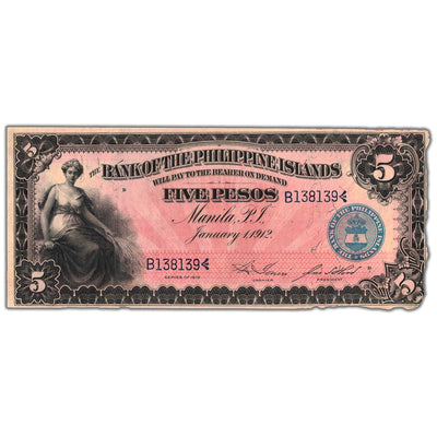 Front of an ungraded Philippines 1912 5 Pesos banknote (Silver Certificate, Pick #7a, Grade AU damaged, Serial/SKU: B138139), featuring portrait vignette of William McKinley, official Treasury seal, United States Administration text, and serial number B138139.