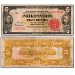 Composite view showing the front and back of an ungraded Philippines 1936 (1944) 5 Pesos banknote (Victory Overprint series, Pick #83b, Circulated condition, Serial/SKU: D3356528D).