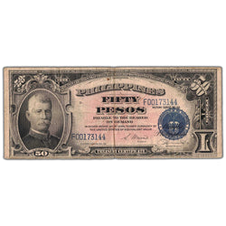 Front of an ungraded Philippines ND (1944) 50 Pesos banknote (Victory Series No. 66, Pick #99a, Grade Fine+, Serial/SKU: F00173144), featuring a portrait vignette of Lawton, official Commonwealth Treasury seal, red Treasury seal tint, and serial number F00173144.