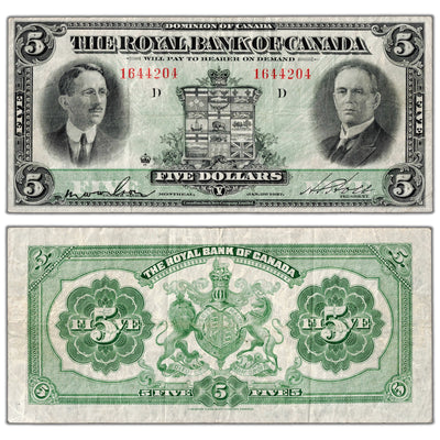 Royal Bank of Canada 1927 five dollar chartered note, catalog 630-14-04, serial number 1644204, stacked view showing both front and back sides, graded Very Fine condition.