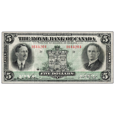 Front view of Royal Bank of Canada 1927 five dollar chartered banknote, issue number 630-14-04, serial number 1644204, grading VF.