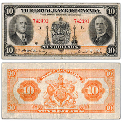Royal Bank of Canada 1935 five dollar chartered note, catalog 630-18-04a, serial number 742391, stacked view showing both front and back sides, graded Fine to Very Fine condition.