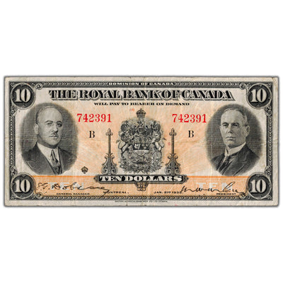 Front view of Royal Bank of Canada 1935 five dollar chartered banknote, issue number 630-18-04a, serial number 742391, grading F/VF.