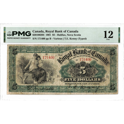Front face view of a 1901 Royal Bank of Canada 5 dollar chartered banknote, highlighting the historical design vignettes and PMG F-12 grading details.