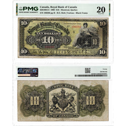 Front and back view of a 1909 Royal Bank of Canada 10 dollar chartered banknote, graded PMG VF-20, displayed together in its certified holder.
