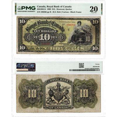 Front and back view of a 1909 Royal Bank of Canada 10 dollar chartered banknote, graded PMG VF-20, displayed together in its certified holder.