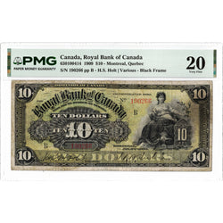 Front face view of a 1909 Royal Bank of Canada 10 dollar chartered banknote, highlighting the historical design vignettes and PMG VF-20 grading details.