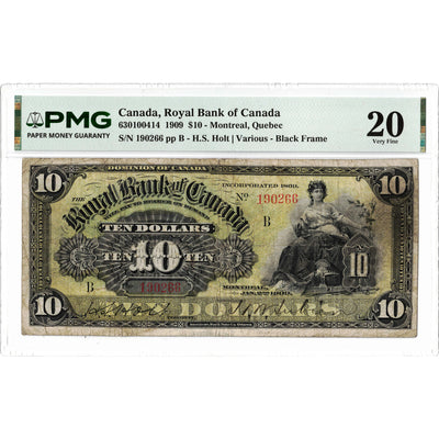 Front face view of a 1909 Royal Bank of Canada 10 dollar chartered banknote, highlighting the historical design vignettes and PMG VF-20 grading details.