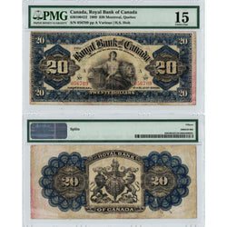 Front and back view of a 1909 Royal Bank of Canada 20 dollar chartered banknote, graded PMG F-15, displayed together in its certified holder.