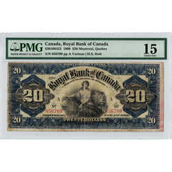 Front face view of a 1909 Royal Bank of Canada 20 dollar chartered banknote, highlighting the historical design vignettes and PMG F-15 grading details.