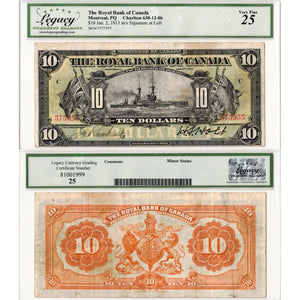 Royal Bank of Canada 1913 $10 Chartered Note Battleship #630-12-06 - Legacy VF-25