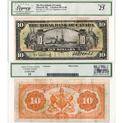 Royal Bank of Canada 1913 $10 Chartered Note Battleship #630-12-06 - Legacy VF-25