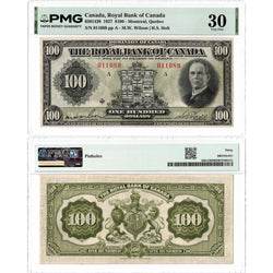 Front and back view of a 1927 Royal Bank of Canada 100 dollar chartered banknote, graded PMG VF-30, displayed together in its certified holder.