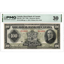 Front face view of a 1927 Royal Bank of Canada 100 dollar chartered banknote, highlighting the historical design vignettes and PMG VF-30 grading details.