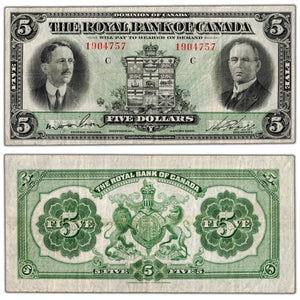 Royal Bank of Canada 1927 $5 Chartered Note #630-14-04 - F/VF
