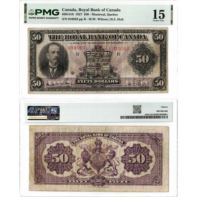 Front and back view of a 1927 Royal Bank of Canada 50 dollar chartered banknote, graded PMG F-15, displayed together in its certified holder.