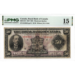 Front face view of a 1927 Royal Bank of Canada 50 dollar chartered banknote, highlighting the historical design vignettes and PMG F-15 grading details.