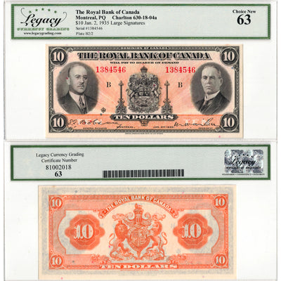 Royal Bank of Canada 1935 $10 Note Large Signatures #630-18-04a - Legacy UNC-63