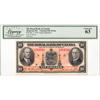 Royal Bank of Canada 1935 $10 Note Large Signatures #630-18-04a - Legacy UNC-63