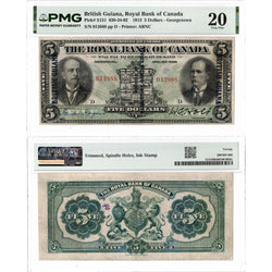 Front and back view of a 1913 Royal Bank of Canada British Guiana 5 dollar chartered banknote, graded PMG VF-20, displayed together in its certified holder.