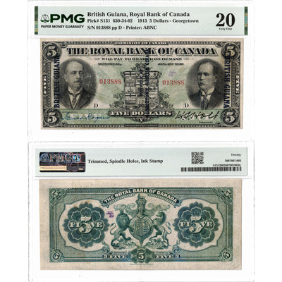 Front and back view of a 1913 Royal Bank of Canada British Guiana 5 dollar chartered banknote, graded PMG VF-20, displayed together in its certified holder.