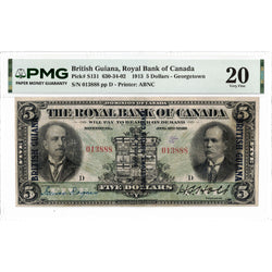 Front face view of a 1913 Royal Bank of Canada British Guiana 5 dollar chartered banknote, highlighting the historical design vignettes and PMG VF-20 grading details.