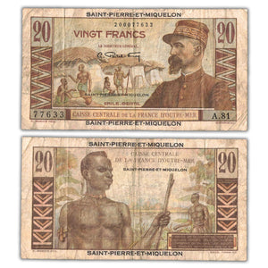 Saint Pierre & Miquelon (1950-60) 20 Francs Note P #24 - Pinholes