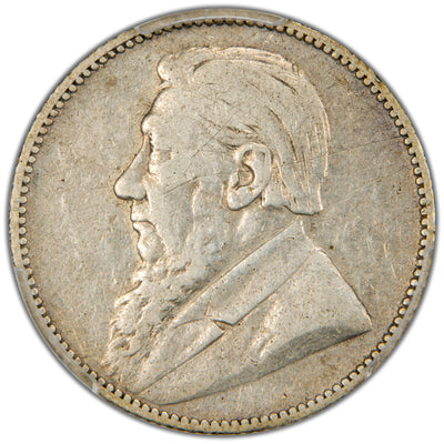 Close-up view of the obverse portrait of President Paul Kruger on South Africa 1893 1 Shilling coin, PCGS certification 46850956.