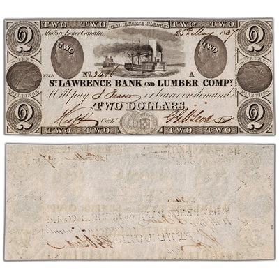 St. Lawrence Bank and Lumber Company 1837 two dollar note, catalog 665-10-04, inventory llc07, stacked view showing both front and back sides, graded Uncirculated condition.