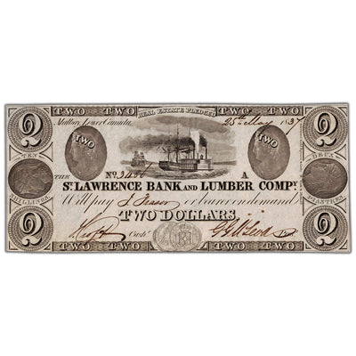 Front view of St. Lawrence Bank and Lumber Company 1837 two dollar banknote, issue number 665-10-04, inventory llc07, grading UNC.