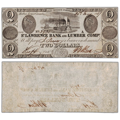 St. Lawrence Bank and Lumber Company 1837 two dollar note, catalog 665-10-04, inventory llc08, stacked view showing both front and back sides, graded Uncirculated condition.