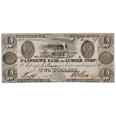 Front view of St. Lawrence Bank and Lumber Company 1837 two dollar banknote, issue number 665-10-04, inventory llc08, grading UNC.