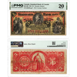 Front and back view of an 1891 Standard Bank of Canada 5 dollar chartered banknote, graded PMG VF-20, displayed together in its certified holder.