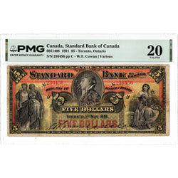 Front face view of an 1891 Standard Bank of Canada 5 dollar chartered banknote, highlighting the historical design vignettes and PMG VF-20 grading details.
