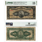 Front and back view of a 1924 Standard Bank of Canada 10 dollar chartered banknote, graded PMG F-15, displayed together in its certified holder.