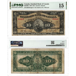 Front and back view of a 1924 Standard Bank of Canada 10 dollar chartered banknote, graded PMG F-15, displayed together in its certified holder.