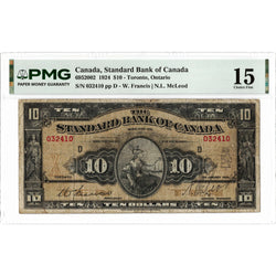 Front face view of a 1924 Standard Bank of Canada 10 dollar chartered banknote, highlighting the historical design vignettes and PMG F-15 grading details.