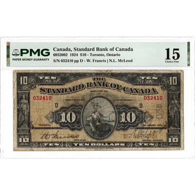 Front face view of a 1924 Standard Bank of Canada 10 dollar chartered banknote, highlighting the historical design vignettes and PMG F-15 grading details.