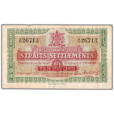 Straits Settlements 1919 10 Ten Cents Note P #8b - VF