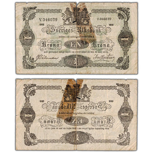 Sweden 1918 1 Krona Note P #32e- Damaged