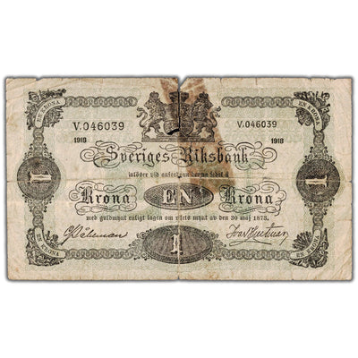 SOLD Sweden 1918 1 Krona Note P #32e- Damaged