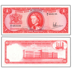 Composite view showing the front and back of an ungraded Trinidad & Tobago ND (1964) $1 One Dollar banknote (Central Bank, Pick #26c, Grade AU with pinholes, Serial/SKU: W/2 683135).
