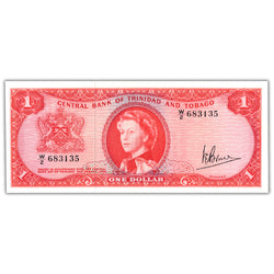 Front of an ungraded Trinidad & Tobago ND (1964) $1 One Dollar banknote (Central Bank, Pick #26c, Grade AU with pinholes, Serial/SKU: W/2 683135), featuring a portrait of Queen Elizabeth II, national coat of arms, prefix/serial number W/2 683135, and blue-tinted security border.