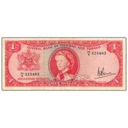 Front of an ungraded Trinidad & Tobago ND (1964) $1 One Dollar banknote (Central Bank, Pick #26c, Circulated condition, Serial/SKU: H/4 323403), featuring a portrait of Queen Elizabeth II, national coat of arms, prefix/serial number H/4 323403, and blue-tinted security border.