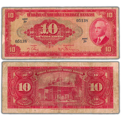 Composite view showing the front and back of an ungraded Turkey L.1930 (1947) 10 Lira banknote (Türkiye Cumhuriyet Merkez Bankası, 4th Emission, Pick #147a, Circulated condition, Serial/SKU: 05138).