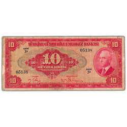 Front of an ungraded Turkey L.1930 (1947) 10 Lira banknote (Türkiye Cumhuriyet Merkez Bankası, Pick #147a, Circulated condition, Serial/SKU: 05138), featuring a portrait of President İsmet İnönü, Turkish text, ornate guilloche patterns, and serial number 05138.