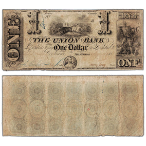 The Union Bank 1838 $1 Note Blue Back #725-18-02 - Repaired Corner