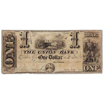 Front view of The Union Bank 1838 one dollar banknote with blue back design, issue number 725-18-02, serial number 4900, showing a repaired corner.